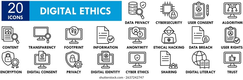Digital Ethics icon collection set. Containing design digital, technology, ethics, legal, business