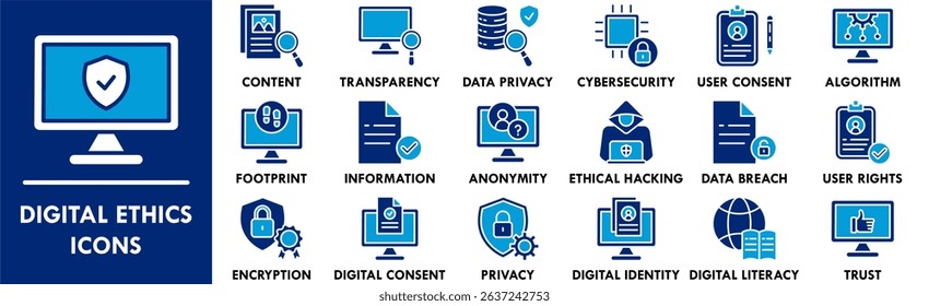 Digital Ethics icon collection set. Containing design digital, technology, ethics, legal, business