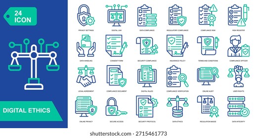 Conjunto de colecciones de íconos de ética digital. Resiliencia empresarial, recuperación de desastres, contingencia, evaluación de riesgos. Iconos de vector de color de línea.