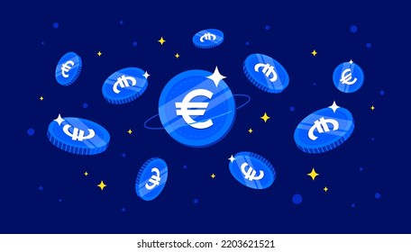 Monedas digitales en euros con fondo azul. Fondo de banners del concepto del Banco Central Europeo (BCE).