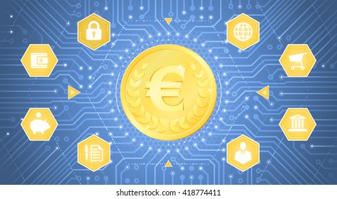 Digital Euro. Golden coin with Euro symbol in 'electronic' cyberspace. Graphic template on the subject of 'Digital Currencies'.