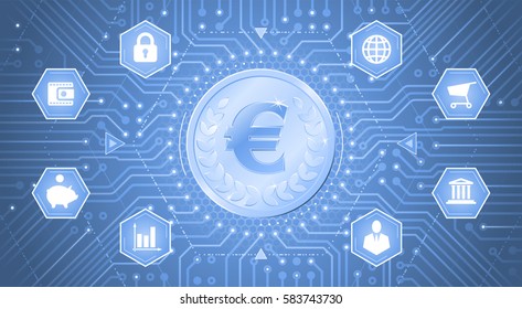 Digital Euro. Metallic coin with the Euro symbol on it in electronic cyberspace. Graphic template on the subject of 'Crypto-Currencies'.