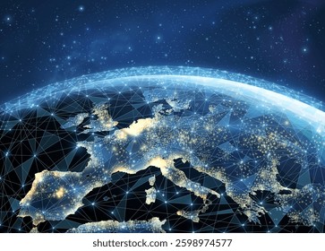 Digital Europe map concept. Global network, cryptocurrency transaction, world transfer, europe internet, telecommunication signal, iot technology, blockchain fintech, international trade.