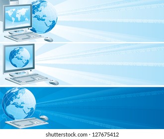 Digital Europe. Set of vector banners with computer, flat monitor,  mouse and  globe on an abstract background