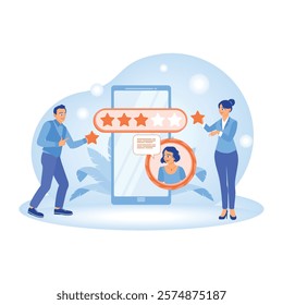 Digital evaluation concept. People fill out survey forms and get star ratings. Online Survey concept. Flat vector illustration.