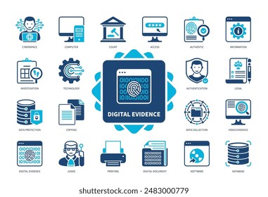 Conjunto de iconos de pruebas digitales. Autenticación, Tribunal, Documento Digital, Investigación, Ciberespacio, Software, Base De Datos, Computadora. Iconos sólidos de color de duotono