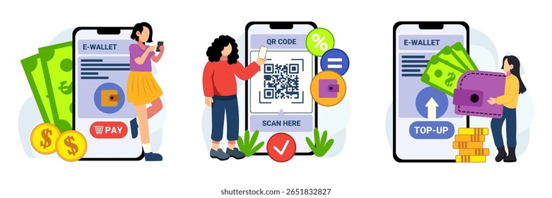 Digital E-wallet payment and top-up using QR code on smartphone flat vector illustration. Suitable for mobile banking and online finance concepts