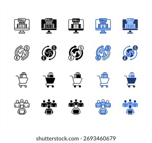 Digital, Exchange, Shopping, Community multiple style icon set.