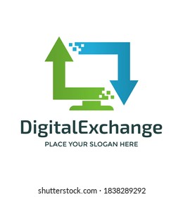 Digital exchange vector logo template. This design use computer and arrow symbol. Suitable for technology.