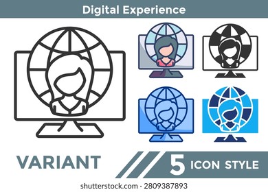 Digital Experience represents engaging interactions across immersive technologies, virtual platforms, and online environments. Line, Filled, Color, Dualtone style.