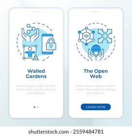Digital experiences blue onboarding mobile app screen. Auditory walkthrough 2 steps editable graphic instructions with linear concepts. UI, UX, GUI template