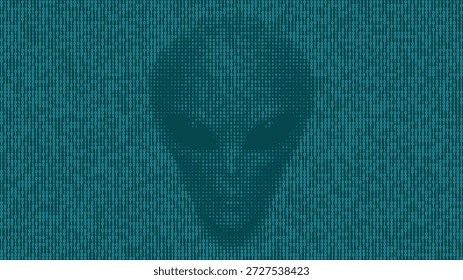 Digital extraterrestrial face shaped by teal ones and zeros in matrix-style layout