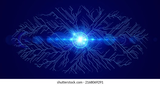 Ojo digital. Tecnología de ciberseguridad de redes de datos. Identificación de vigilancia segura de Internet. Concepto del escáner de seguridad para el éisbol de la placa de circuito digital. Ilustración vectorial.