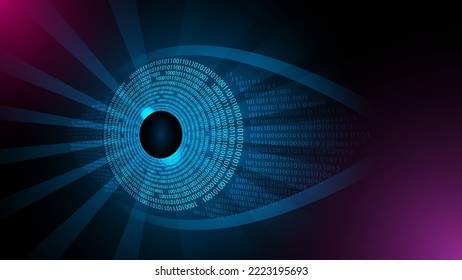 Digital eye data network cyber security technology binary code 0 to 1 glowing blue on dark background. Futuristic tech of virtual cyberspace and internet secure surveillance. Safety scanner. Vector