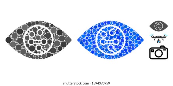 Digital eye lens composition of circle elements in variable sizes and shades, based on digital eye lens icon. Vector circle elements are combined into blue composition.