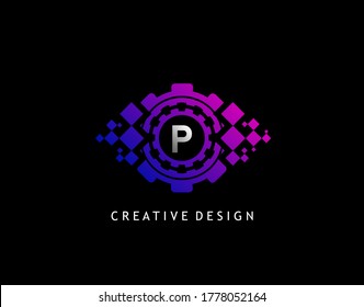 Logotipo de carta digital de ojos P, diseño de icono P inicial de ciberojos modernos