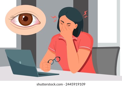 Digital Eye Strain, Person sitting on worktable with eye strain - Stock Illustration as EPS 10 file