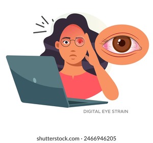 Digital Eye Strain, Person sitting on worktable with eye strain - Stock Illustration as EPS 10 file