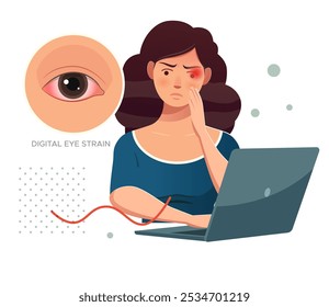 Digital Eye Strain, Person sitzend auf dem Arbeitstisch mit Augenbelastung - Stockillustration als EPS 10 Datei