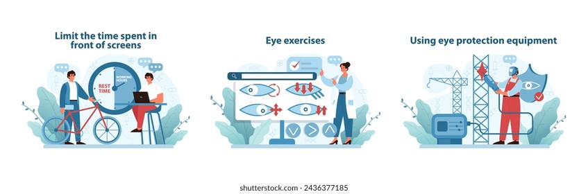 Digital Eye Strain Prevention Set. Illustrations encouraging screen time management, regular eye exercises, and use of protective gear. Flat vector illustration.