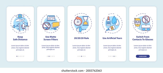 Digital eyestrain prevention tips onboarding mobile app page screen with concepts. Keep safe distance walkthrough 5 steps graphic instructions. UI vector template with RGB color illustrations