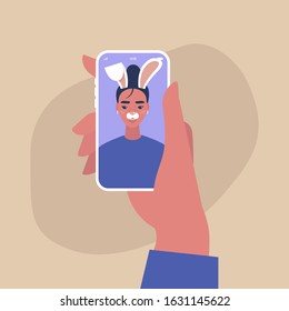 Digital face application, young female character wearing a bunny mask, millennial lifestyle