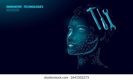 Digital face combines tools concept. Abstract human head represents engineering maintenance construction. Innovation technology repair automation ai. Low poly teal background vector