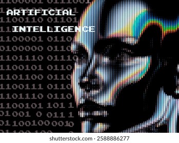 A digital face composed of colorful vertical lines against a binary code background, symbolizing artificial intelligence and technology. The text "ARTIFICIAL INTELLIGENCE" is prominently displayed.