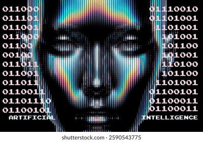 A digital face composed of colorful vertical lines against a binary code background, symbolizing artificial intelligence and technology. 