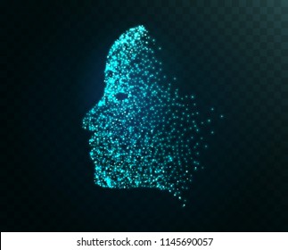 Digital face particles technology concept background. Artificial intelligence machine lerning. Face virtual human.