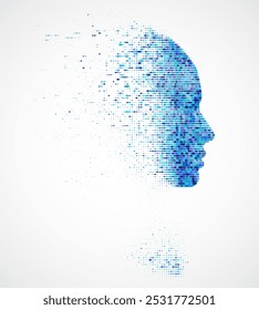 Digital face profile composed of pixelated blue dots, abstract human silhouette vector.