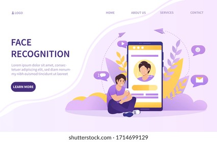 Digital face recognition technology concept with a young man sitting in front of a mobile phone with app showing his face on the screen, colored vector illustration with copy space