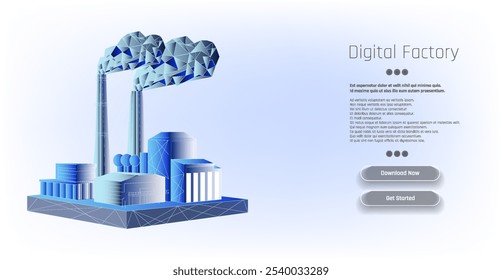 Concepto de fábrica digital con edificios industriales estilizados y chimeneas, que representa la innovación en los procesos de fabricación y la tecnología