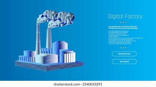 Digital factory depiction showcasing modern industrial design with stylized smokestacks and factories in a blue background