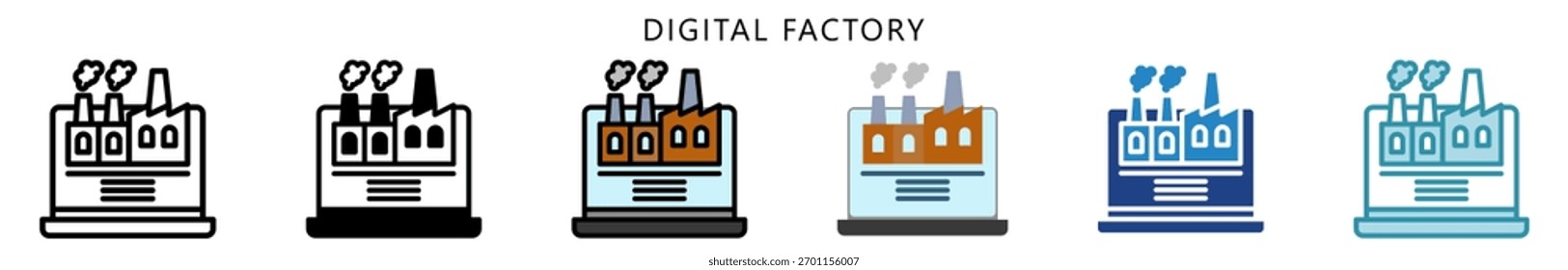 Digital Factory Symbol, Multi Style, Flat, Line, Glyph, Lineal, Dual Tone. Für moderne Konzeption, UI, UX Web- und App-Entwicklung.
