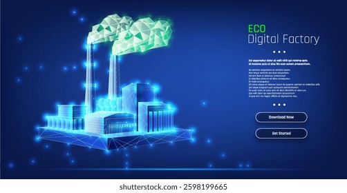 Digital factory showcasing eco-friendly technology and innovation in a virtual environment for sustainable development.