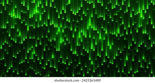 Стоковое векторное изображение: Digital Falling Green Pixel Trails on Dark Background. Fast Falling Digital Bits Drops. Matrix Stylized Effect Technology or Science Backdrop. Vector Illustration.