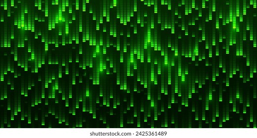 Digital Falling Green Pixel Trails on Dark Background. Fast Falling Digital Bits Drops. Matrix Stylized Effect Technology or Science Backdrop. Vector Illustration.