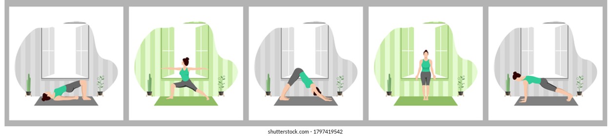 digital falt design illustration set of yoga gymnastics poses