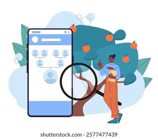 Digital family tree displayed on a smartphone screen with magnifying glass, woman holding a folder, and fruit tree in the background. Concept of genealogy. Vector illustration