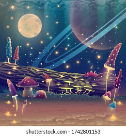 Digital fantasy mushroom garden magic park illustration  night forest landscape art and stars  moon  planets in space  outdoor fairy tale drawing  Summer nature poster  beautiful wallpaper 