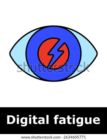 Digital fatigue icon. Eye with lightning bolt indicates eye strain, discomfort, and irritation from extended screen exposure or digital overuse causing vision problems.