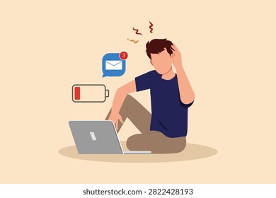 Digital fatigue leaves both the device and the user drained.Digital stress concept. Colored flat graphic vector ilustration isolated