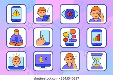 Ícone do conjunto de fadiga digital. Exibe alerta de telefone, usuário cansado, olho tenso, tela com sono, dor de cabeça, gráfico de uso, sobrecarga de mensagens, ampulheta, postura sentada, gesto de toque, fadiga de dados
