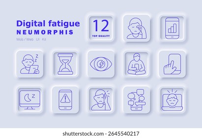 Digital fatigue set icon. Eye strain, screen time, overuse, burnout, stress, sleep disruption, device addiction, notifications, social media, tiredness, alert, pain, distraction, mobile overload.