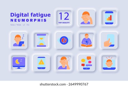 Digital fatigue set icon. Eye strain, screen time, overuse, burnout, stress, sleep disruption, device addiction, notifications, social media, tiredness, alert, pain, distraction, mobile overload.