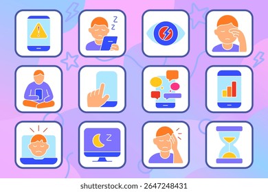 Digital fatigue set icon. Phone alert, tired user, eyestrain, headache, overuse, scrolling, screen addiction, social pressure, screen light, sleep trouble, exhaustion, overload.