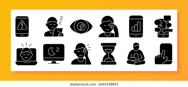 Ícone do conjunto de fadiga digital. Mostra mensagens de telefone, fricção ocular, tensão no laptop, tela de sono, dor de cabeça, ampulheta, telefone de alerta, gesto de toque, pessoa sentada, gráfico de barras, estresse ocular, sonolência