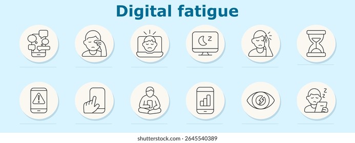 Ícone do conjunto de fadiga digital. Mostra sobrecarga de bate-papo, tensão ocular, alerta de tela, tela noturna, cefaleia, ampulheta, alerta móvel, tela de toque, ao lado do dispositivo, barra de dados, dano ocular, sonolência