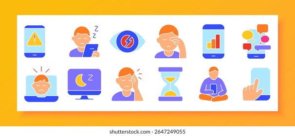 Ícone do conjunto de fadiga digital. Mostra mensagens de telefone, fricção ocular, tensão no laptop, tela de sono, dor de cabeça, ampulheta, telefone de alerta, gesto de toque, pessoa sentada, gráfico de barras, estresse ocular, sonolência